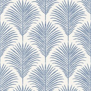 Grasslands palm in blue is a vinyl wallpaper featuring tropical leafy fronds on an imitation grasscloth pattern