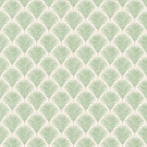 Grasslands plam green on a cream background that looks like grasscloth. Wallquest vinyl wallpaper in an island tropical vibe