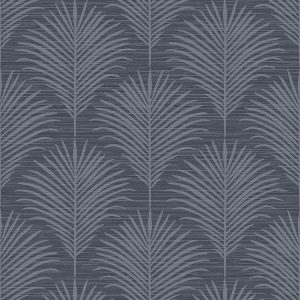 Grasslands palm dark blue tropical fronds in navy on vinyl wallpaper that looks like grasscloth. Island vibe wallpaper by Wallquest