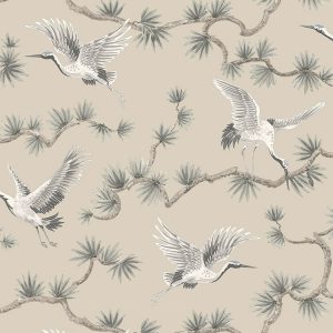 Cranes in grey on a beige backgrouns. Wallquest wallpaper of birds flying off leafy tree branches