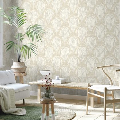 GL20107 Palm frond Wallquest wallpaper in a relaxed island tropical style room