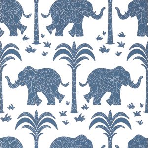 Elephants navy is a fun wallpaper also featuring palm trees