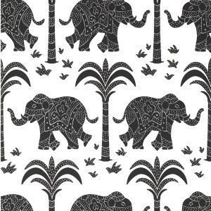 Elephants in black is a monochrome wallpaper with a tropical theme with palm trees and elephants for fun