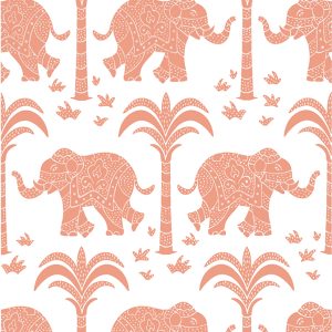 Wallpaper of elephants and palm trees in coral on a white background by Thibaut Kismet