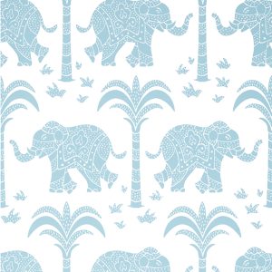 Blue elephant wallpaper with palm trees from Kismet wallpaper collection Thibaut