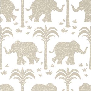 Beige elephants and palm trees on an off white background. Kismet wallpaper collection