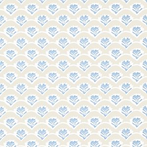 Emily Blue and Beige traditional style wallpaper pattern. Tiny floral elemants feature in this small scale repeating pattern by Thibaut