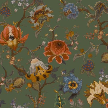 Artemis moss green background with bold wild blooming flowers on branches by House of Hackney wallpaper
