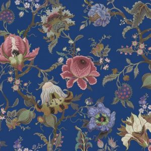 Artemis Sapphire is a striking blue wallpaper with botanical wild flowers