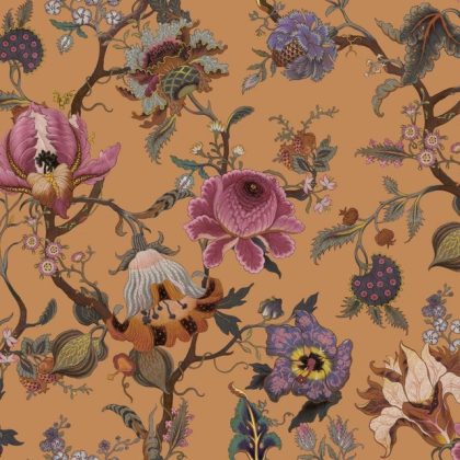 Artemis Topaz is a striking light orange wallpaper colour. Featuring vintage wildflower blooms on branches by House of Hackney wallpaper