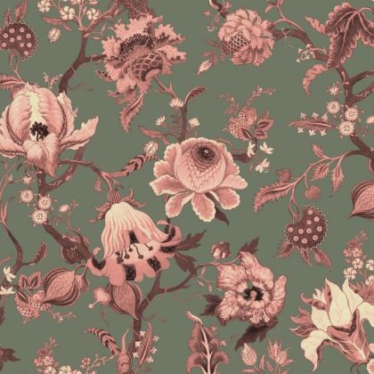 Artemis Verdigris is a green grey background with pink wildflowers. House of Hackney wallpaper pattern perfect feature wall idea