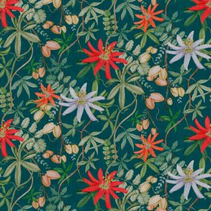 Amazonian flowers feature in this wallpaper with an indigo blue background