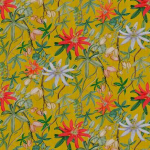 Floral wallpaper Passiflora with a bold yellow background
