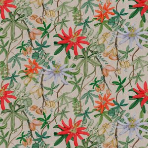 Passiflora floral wallpaper. Bold colourful flowers on a beige background