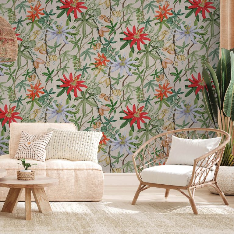 Bright colourful flowers feature in Passiflora wallpaper feature wall in living space idea
