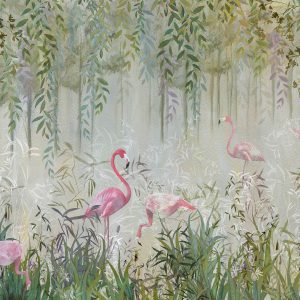 Flamingo's Garden wallpaper mural featuring pink flamingoes in leafy forest by NLXL