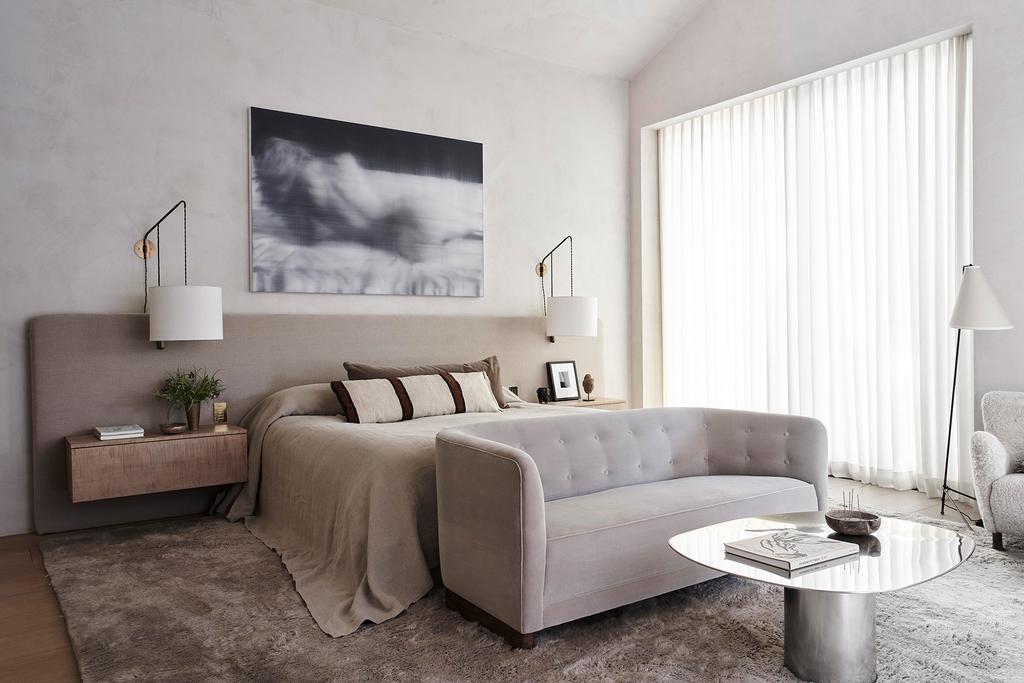 Calm bedroom design luxe feeling with neutral textured wallpaper