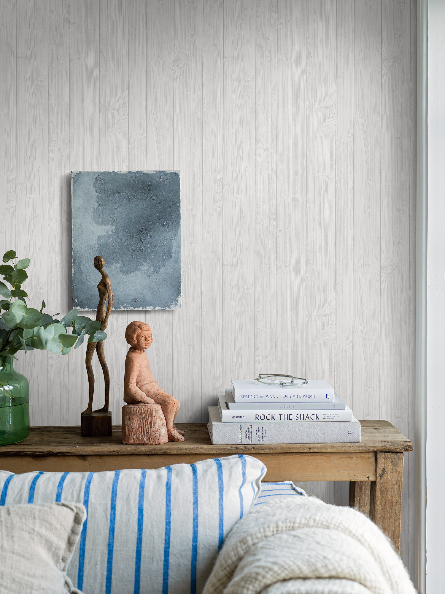 Living room image featuring Driftwood a white timber look wallpaper