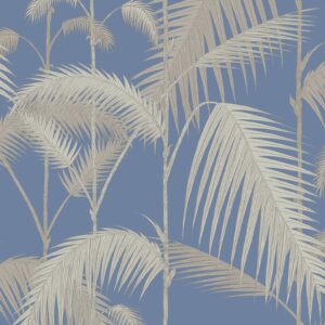 Striking blue and silver and linen colour palm leaves wallpaper design