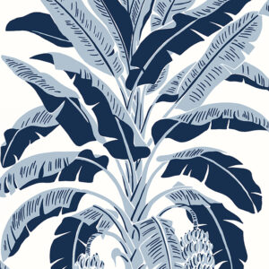 Blue and Navy banana palm tree wallpaper pattern on a white background for tropical coastal style