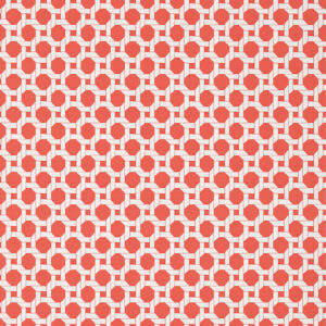 Coral colour wallpaper in a timeless interlocking chains style. Lattice wallpaper pattern in a faux basket weave finish by Thibaut