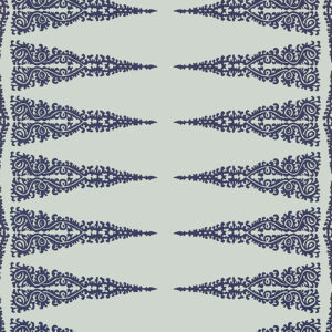 Teal wallpaper with a navy blue paisley design creating a striped wallpaper for a boho style