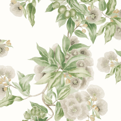 Classic painterly wallpaper of flowers in green on white. Vintage style floral wallpaper