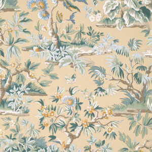 Soft gold wallpaper pattern in vintage style English countryside scene by Anna French