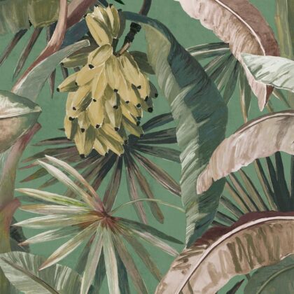 Ming Green La Palma Wallpaper by Catherine Martin for Mokum. tropical banana palm leaf pattern wallpaper