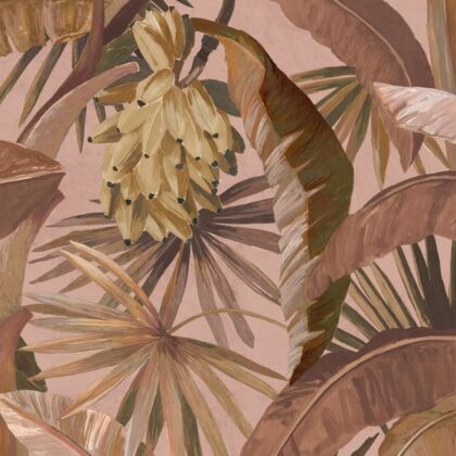 Brand new shade of La Palma wallpaper Whisky pink. Popular tropical wallpaper of bananas in fan palms