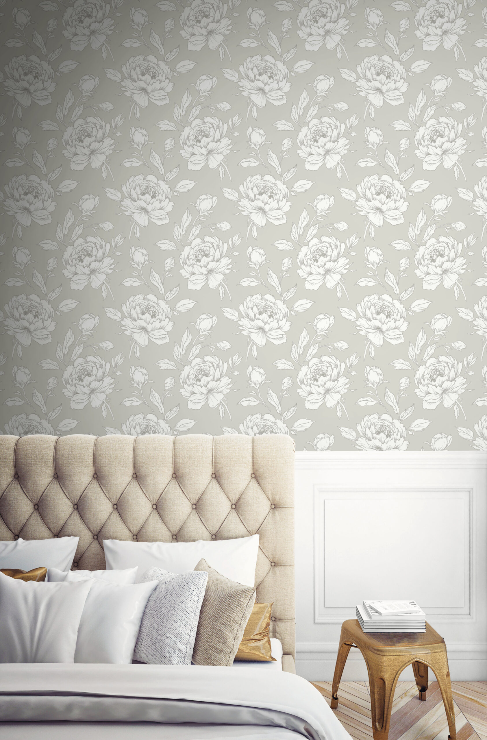 Bedroom wallpaper above timber panel in floral style