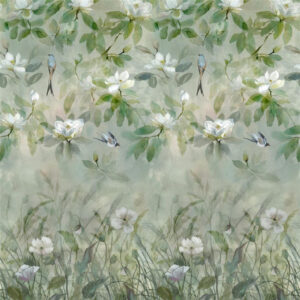 Mural wallpaper featuring birds swooping in leaves and branches with flowers