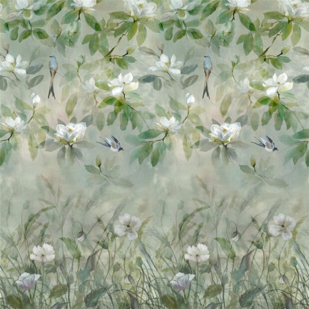 Mural wallpaper featuring birds swooping in leaves and branches with flowers