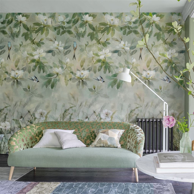 Living room featyrung a feminine mural of vegetation floral and birds