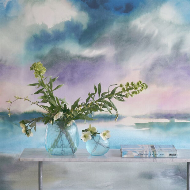 Close up of watercolour seascape wallpaper mural by Designers Guild