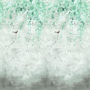 A scene of cherry blossoms trailing down the wall in a striking green wallpaper mural