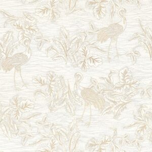White wallpaper with gold spots making up a coastal design with birds