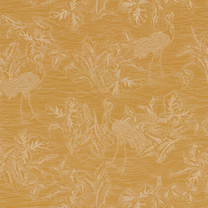 Ochre is a mustard yellow a modern style in a classical coastal themed wallpaper of birds and coral