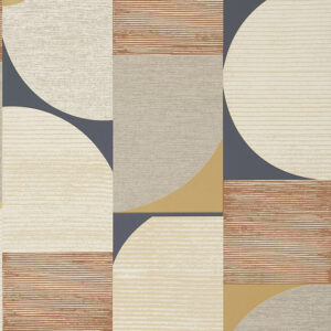 Metallic copper and black feature in graphic shapes of this mid century modern wallpaper design