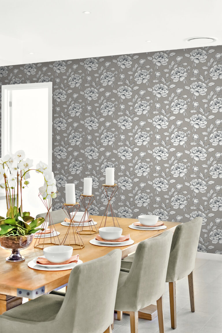 Dining room featuring metallic silver floral wallpaper