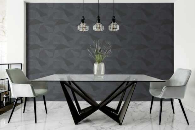 Dining room feature wall of Graphic wallpaper in dark grey. A 3d effect random shapes pattern
