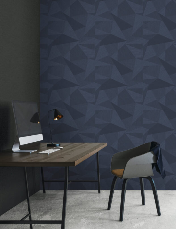 Graphic shapes create a 3D effect in a deep blue. Modern Living by Casa Mia