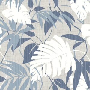 Blue leafy wallpaper on a woven effect textured natural background
