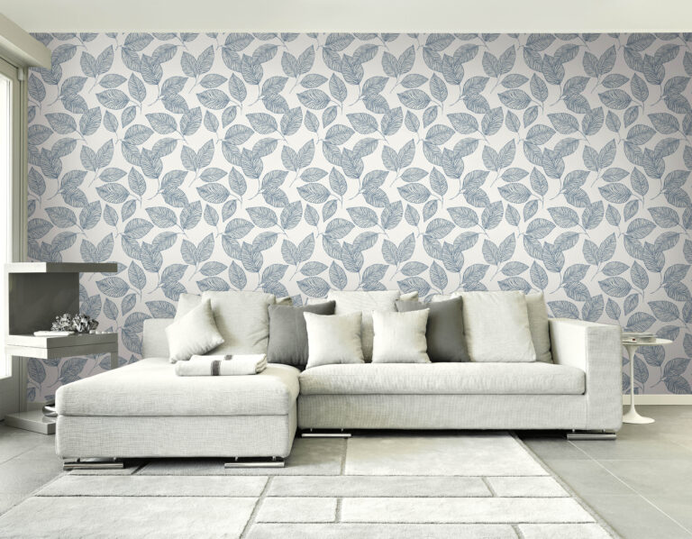 Big living room featureing wallpaper of leaves in a painterly style by Casamia