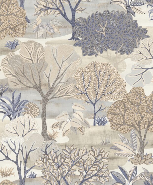 A wallpaper of trees in a forest like park in blue tones and naturals