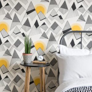 Bedroom with Mountains Sunrise wallpaper a fun monochrome with a yellow sun rising over landscape