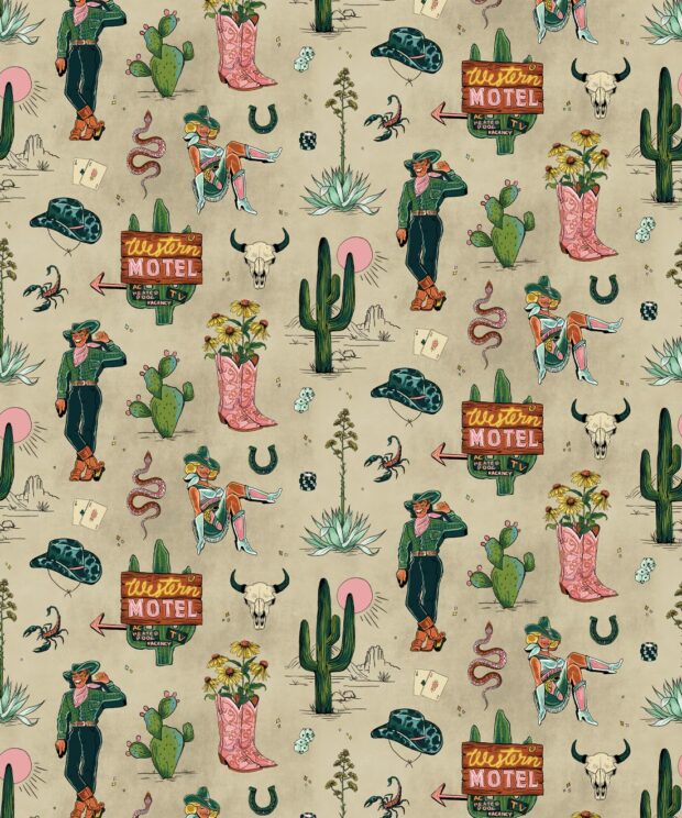 Western Inspired wallpaper of cowboys cowgirls cactus and more by Milton and King