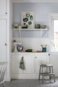 Kitchen n farmhouse style featuring blue checkered wallpaper