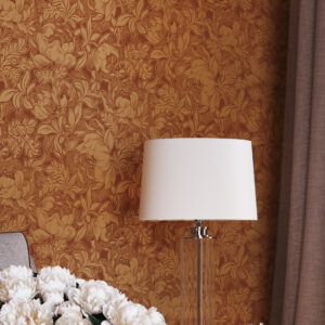 Peonies in Terracotta orange wallpaper by William Morris seen in a bedroom