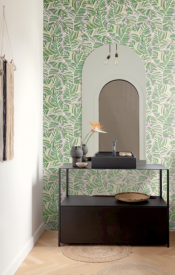 Papunya dot painting style wallpaper in an entry feature wall behind modern furnishings